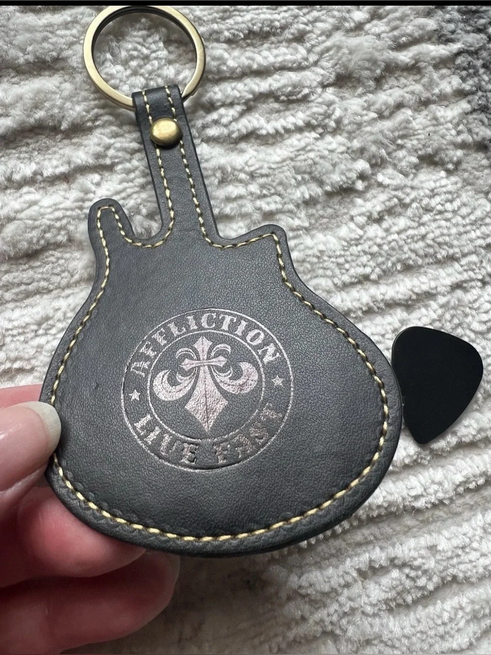 Affliction Brown Leather Strap Key Fob with Black Guitar-Shaped Keyring